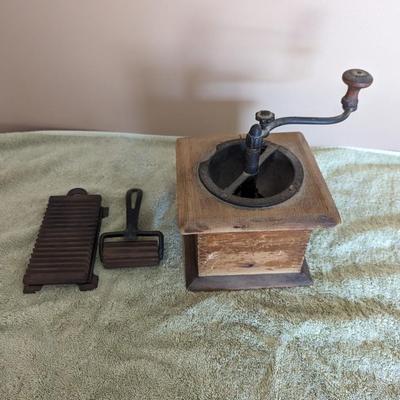 Collection of Antique Household Items including American Machine Roller, Fluting Iron with Board, and Coffee Grinder