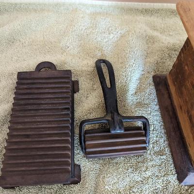 Collection of Antique Household Items including American Machine Roller, Fluting Iron with Board, and Coffee Grinder