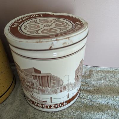 Pair of Vintage Tin Charles Chips and Hammonds Pretzels Canisters