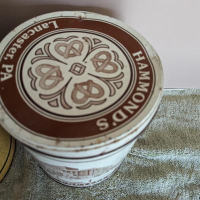Pair of Vintage Tin Charles Chips and Hammonds Pretzels Canisters