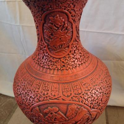 Large Pottery Cinnabar Chinoiserie Design Floor Vase