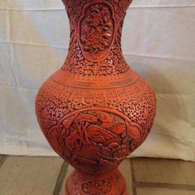 Large Pottery Cinnabar Chinoiserie Design Floor Vase