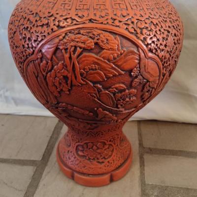 Large Pottery Cinnabar Chinoiserie Design Floor Vase