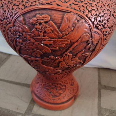 Large Pottery Cinnabar Chinoiserie Design Floor Vase