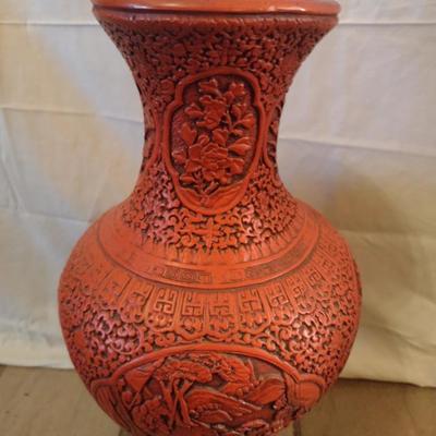 Large Pottery Cinnabar Chinoiserie Design Floor Vase