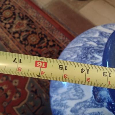 Large Blue Pottery Floor Vase with White Drip Glaze Accent