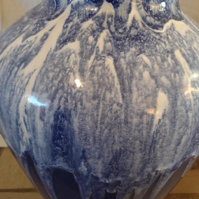 Large Blue Pottery Floor Vase with White Drip Glaze Accent