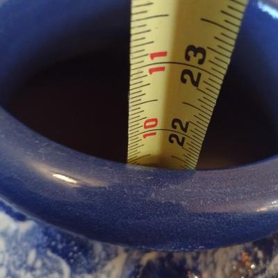 Large Blue Pottery Floor Vase with White Drip Glaze Accent