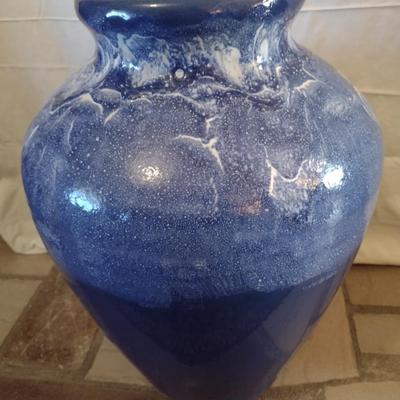 Large Blue Pottery Floor Vase with White Drip Glaze Accent