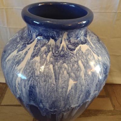 Large Blue Pottery Floor Vase with White Drip Glaze Accent