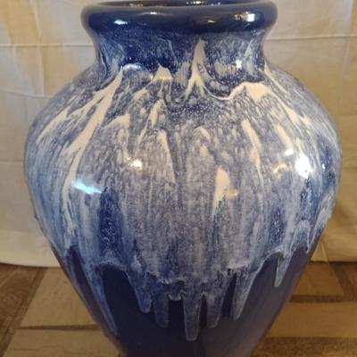 Large Blue Pottery Floor Vase with White Drip Glaze Accent