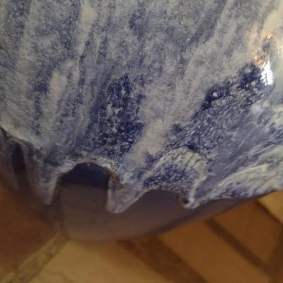 Large Blue Pottery Floor Vase with White Drip Glaze Accent