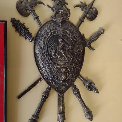 Vintage Cast Metal Aluminum Medieval Shield and Protection Wall Decor