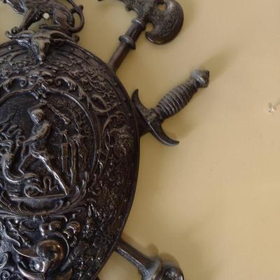 Vintage Cast Metal Aluminum Medieval Shield and Protection Wall Decor