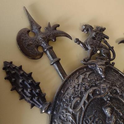 Vintage Cast Metal Aluminum Medieval Shield and Protection Wall Decor