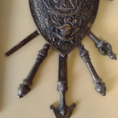Vintage Cast Metal Aluminum Medieval Shield and Protection Wall Decor