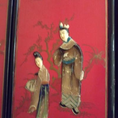 Vintage Red and Black Lacquer Six Panel Wall Decor with Mother of Pearl Inlay