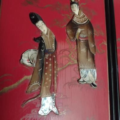 Vintage Red and Black Lacquer Six Panel Wall Decor with Mother of Pearl Inlay