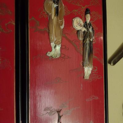 Vintage Red and Black Lacquer Six Panel Wall Decor with Mother of Pearl Inlay