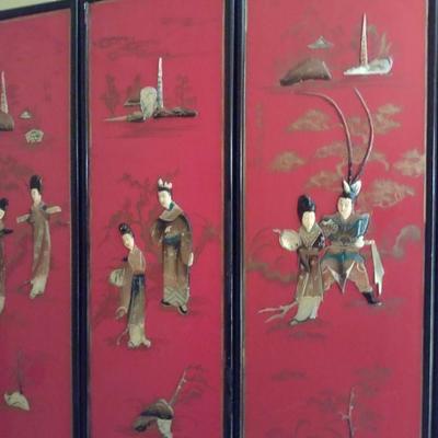 Vintage Red and Black Lacquer Six Panel Wall Decor with Mother of Pearl Inlay