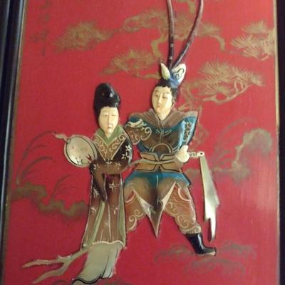 Vintage Red and Black Lacquer Six Panel Wall Decor with Mother of Pearl Inlay