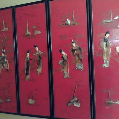 Vintage Red and Black Lacquer Six Panel Wall Decor with Mother of Pearl Inlay