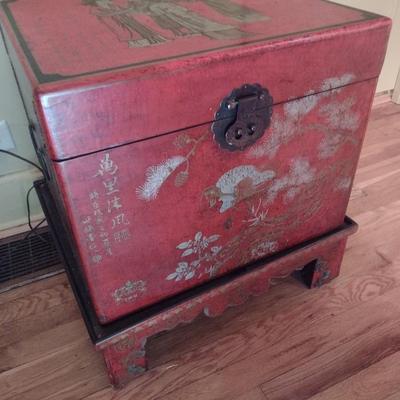 Vintage Chinoiserie Red Finish Painted Chest or Trunk