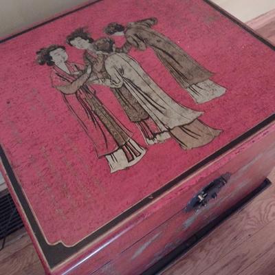 Vintage Chinoiserie Red Finish Painted Chest or Trunk