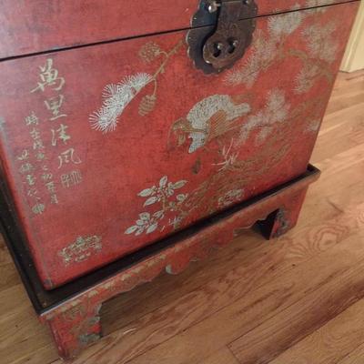 Vintage Chinoiserie Red Finish Painted Chest or Trunk