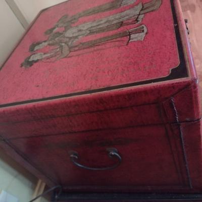 Vintage Chinoiserie Red Finish Painted Chest or Trunk