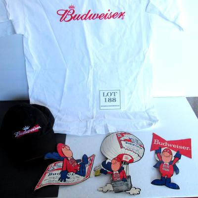 Budweiser Lot: Never Used T Shirt, Baseball Cap, and Older Decals