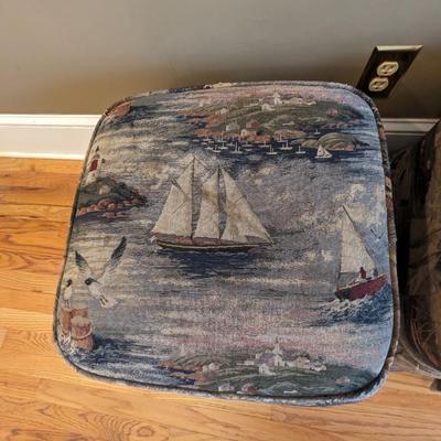 Pair of Foot Stool Ottomans with Sailboat Theme Upholstery
