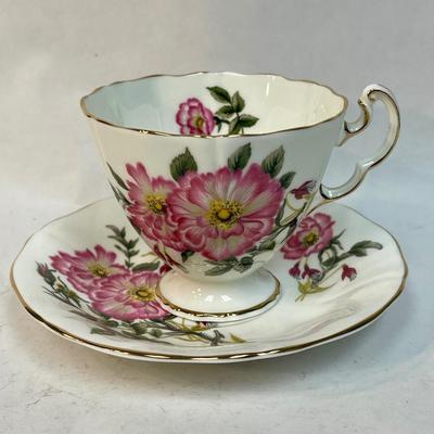 Adderly Fine Bone China Footed Cup and Saucer, Pink and Red Floral, England, 1950s