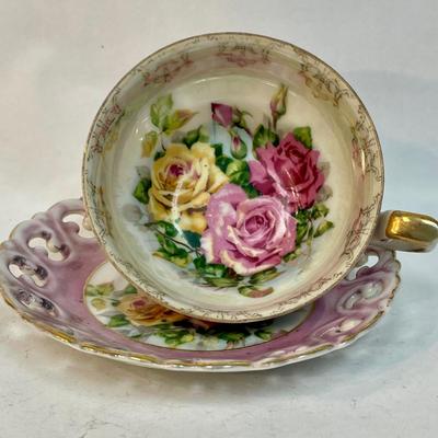Antique footed Teacup & Saucer made in Japan Pink & Yellow Roses