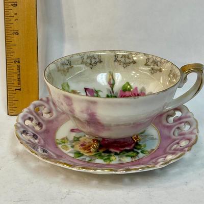 Antique footed Teacup & Saucer made in Japan Pink & Yellow Roses