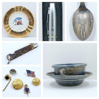 LOT 8: 1919 Stork Birth Record Sterling Spoon, Crest-O-Gold USA Plate, BBCO Pendant, Vintage Tie-Pins & More