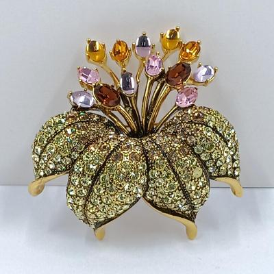 LOT 15: Brooch Lot Graziano, Carolee and More: Featuring a Rare Carolee Gold-Tone Multicolor Rhinestone Flower Brooch