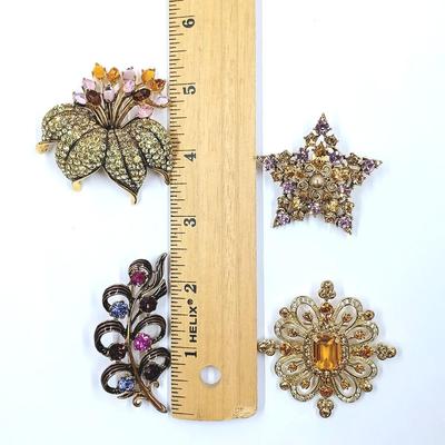 LOT 15: Brooch Lot Graziano, Carolee and More: Featuring a Rare Carolee Gold-Tone Multicolor Rhinestone Flower Brooch
