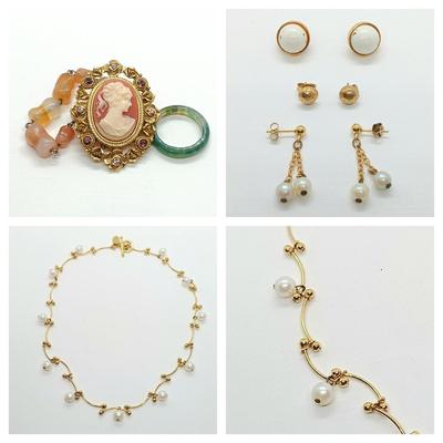 LOT 30: Cameo, Carolee Necklace, Carnelian Agate Bracelet (Needs Clasp), Jade Ring & More