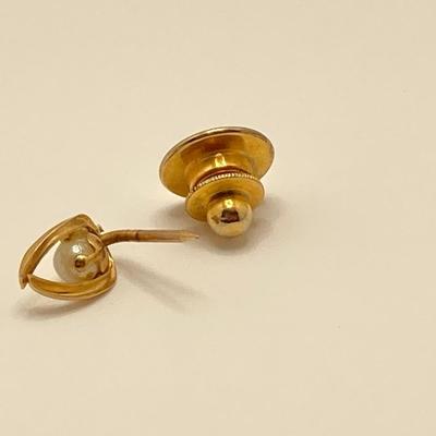 LOT 55J: Pair of Gold Tie Tack / Pins - Button 14K., Tw 1.40g and Wishbone / Pearl 14K., Tw 0.51g