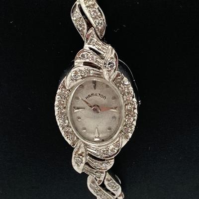 LOT 59J: White Gold Ladies Hamilton Watch with Pave Diamond Chips - 14K., Tw 15.7g