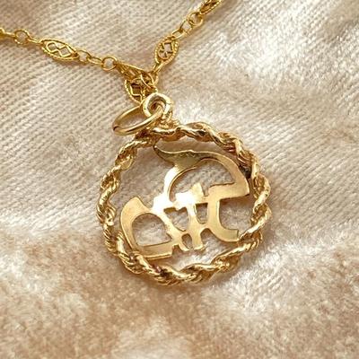 LOT 60J: 14k Gold Chain Pendant Necklace with Round Figural Rope Trim Pendant - 18