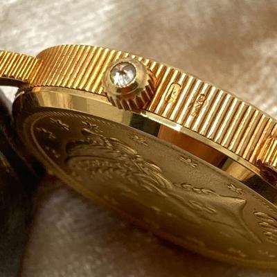 LOT 61J: Corum 18K Gold Five Dollar / 1900 Coin (2 Bodied) Swiss Watch with Diamond Crown and Leather Band