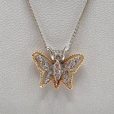 LOT 71J: NYCO Two Tone Gold with Diamonds Butterfly Pendant Necklace - 14K., Tw 3.0g, 16