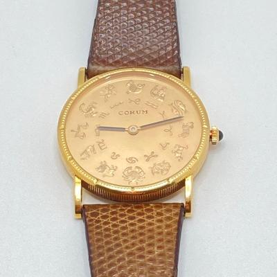 LOT 75J: Authentic 18k Corum Swiss Astrological Zodiac Gold Watch with Sapphire Crown in Original Box w COA