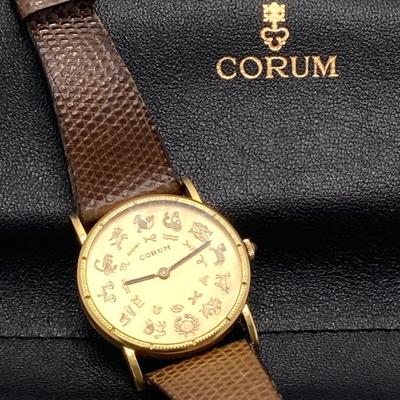 LOT 75J: Authentic 18k Corum Swiss Astrological Zodiac Gold Watch with Sapphire Crown in Original Box w COA