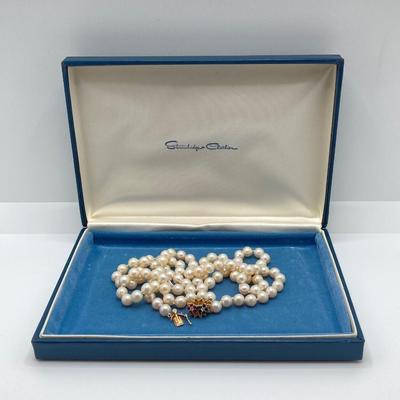 LOT 77J: Double Strand Pearl Necklace with 14K Gold Clasp, Gemstones and CZs