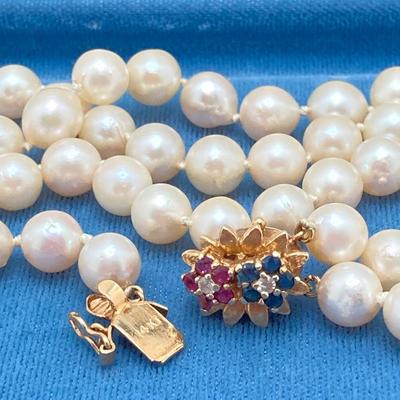 LOT 77J: Double Strand Pearl Necklace with 14K Gold Clasp, Gemstones and CZs
