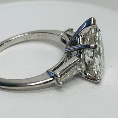 LOT 118: Huge 2.66 carat Pear Shaped Diamond accented by 2 large tapered baguettes set in Platinum, Sz 5.25 -G color -SI2 Clarity