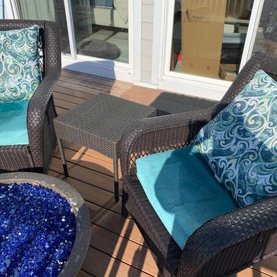 PAIR Patio Chairs with Table and Cushions (FIRE PIT NOT INCLUDED)